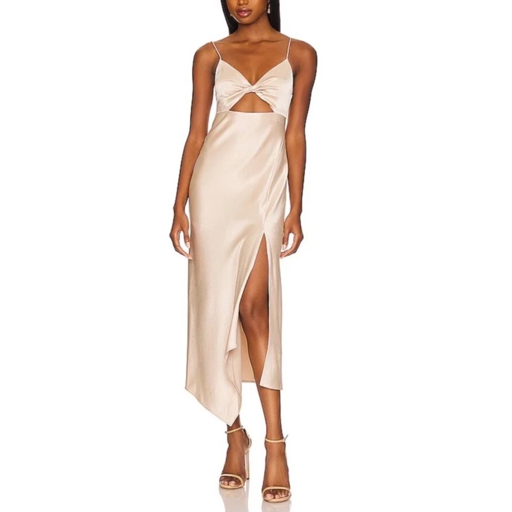 Alice Olivia Harmony Midi Dress Size 14 Wedding Guest Twist Asymmetric In Sand